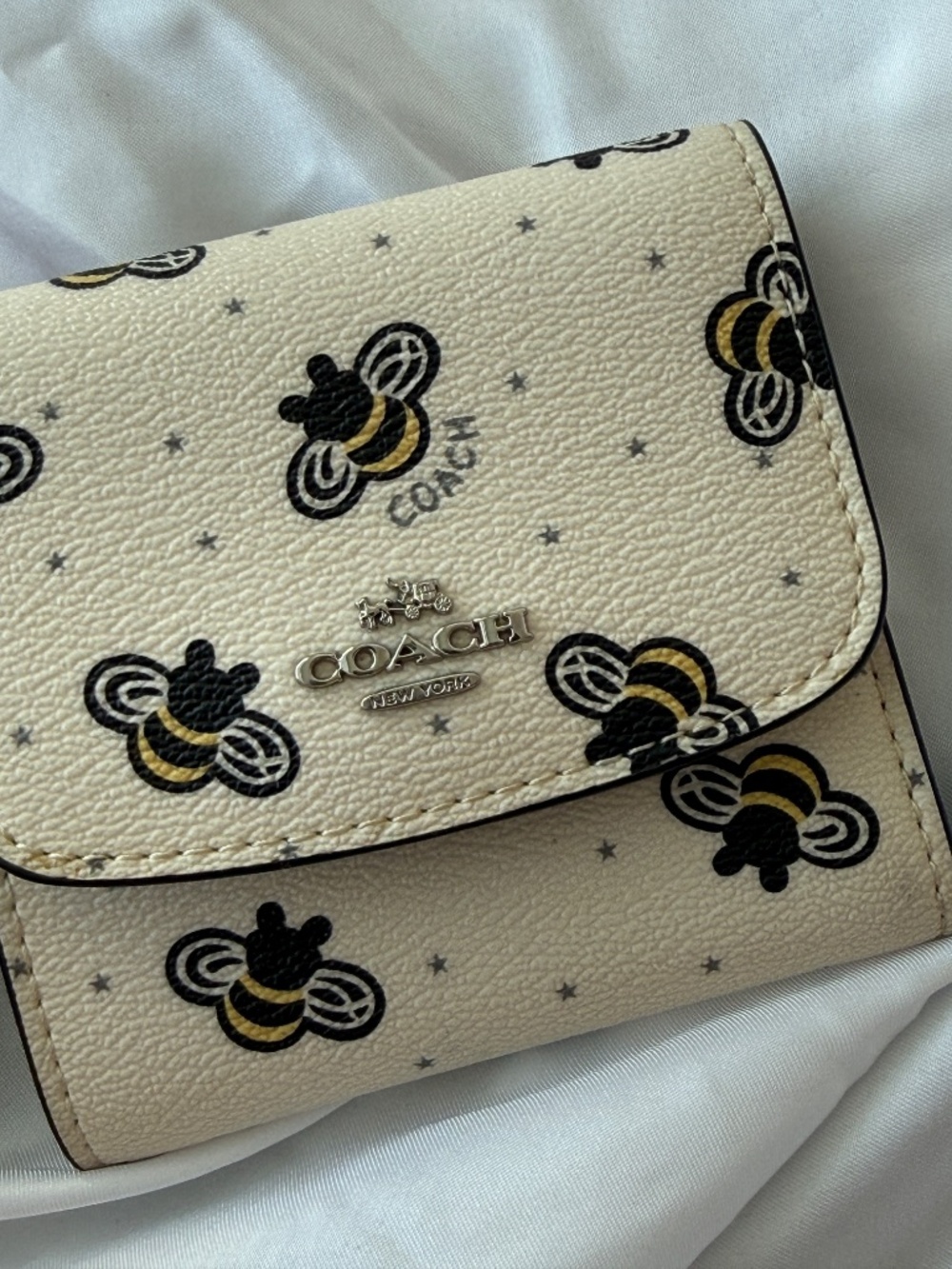 Coach Bee Print Small Wallet Compact Trifold Ivory Blue